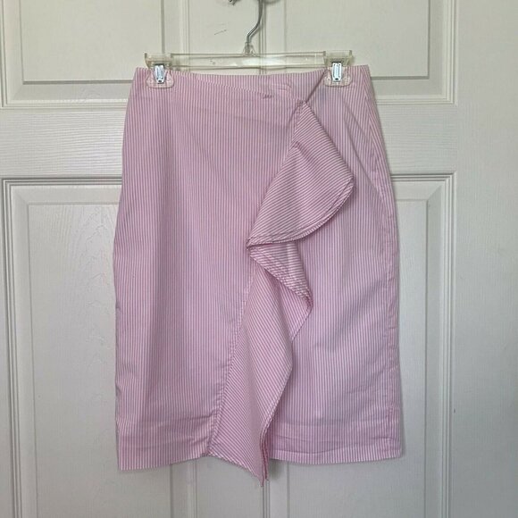 J. Crew Size 6P Pencil Skirt Ruffle Pink White Striped - Picture 1 of 7